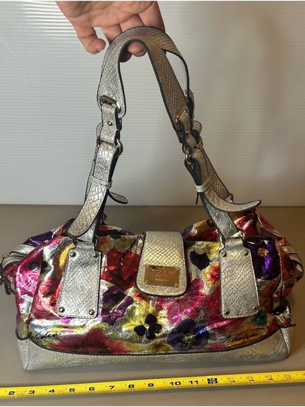 Unique Nicole Lee by Suzy Han Metallic Silver Faux Snakeskin w/ Floral Print